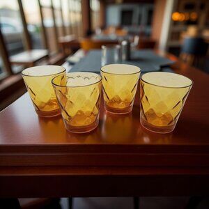 Vintage - Set of 4- Hazel Atlas Diamond Optic Amber Gold / on the Rocks,Juice